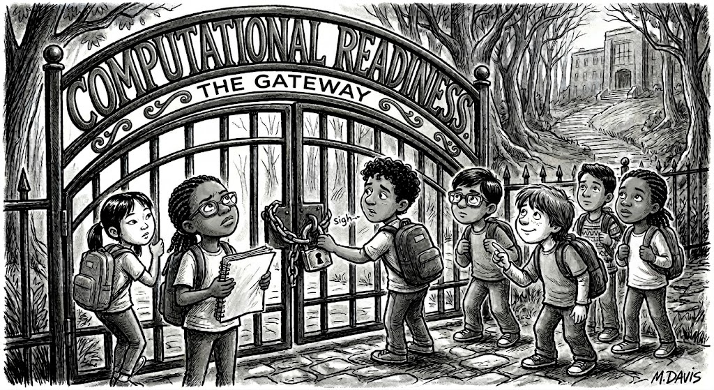 Computational Readiness: The Gateway — illustration of students at a locked gate representing barriers to STEM opportunity